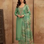 Sky blue with floral printed dupatta and golden neck work