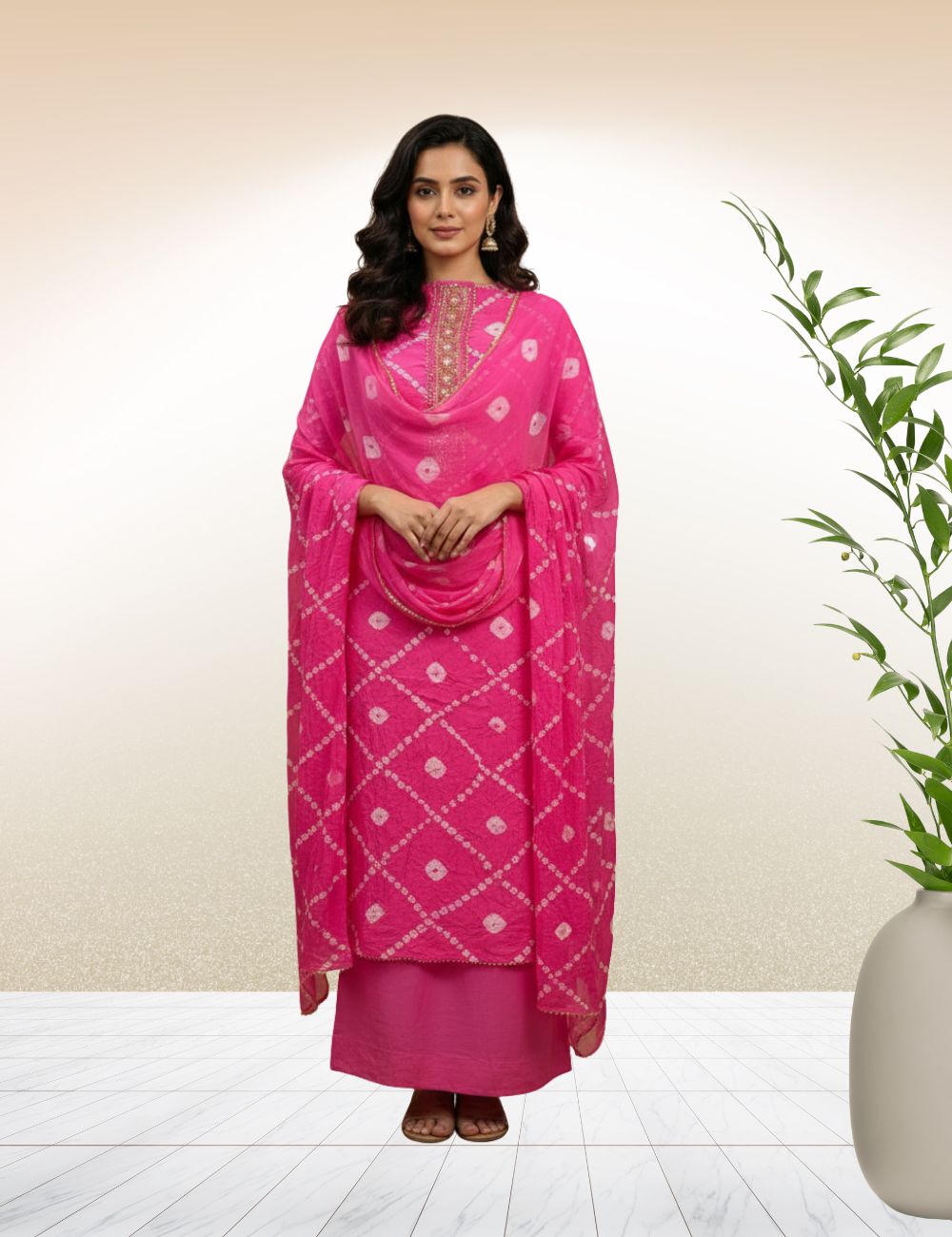Vibrant Pink Bandhani Crêpe Unstitched Suit Set