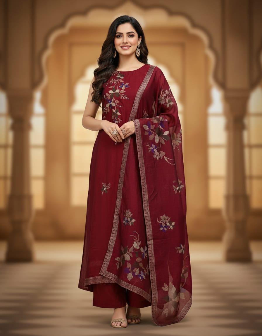 Bangalori Silk Suit with Elegant Silk Dupatta – Maroon