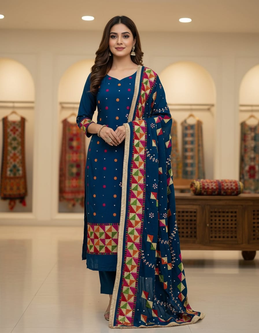Premium Crepe Fabric Ethnic Suit Set with Embroidered Dupatta – Teal Blue